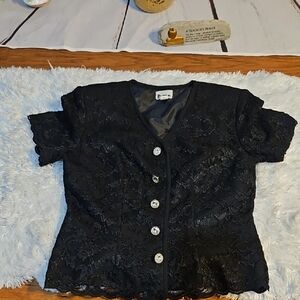 PATRA Petites Black Lace Button‎ Up Top Size 10 Career Party Size 10
